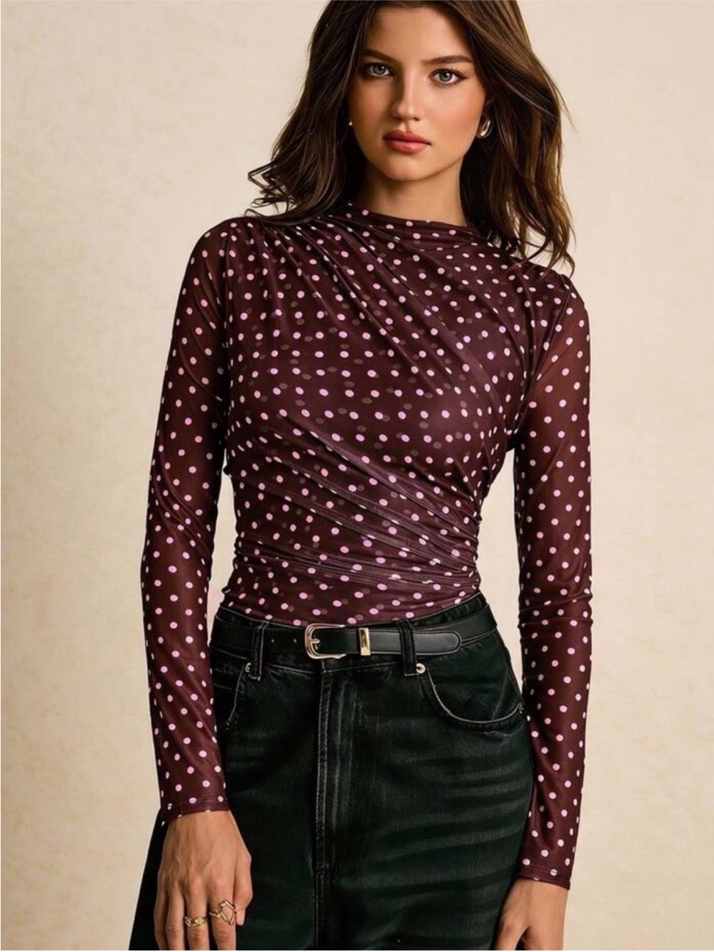 Polka Dot Ruched Stretchy Slim Fit Long-Sleeve Top new